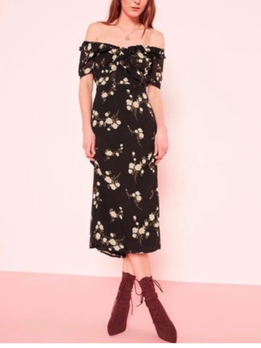 Reformation Inez Black Floral Off-Shoulder Midi Dress